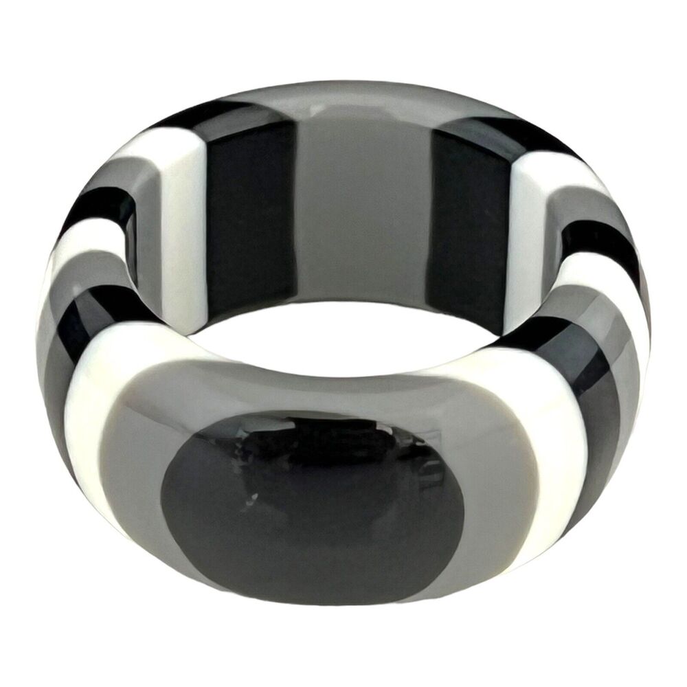 Vintage 1970s Lucite Ring Black White Gray Striped Band Bold Mod Statement - 13S